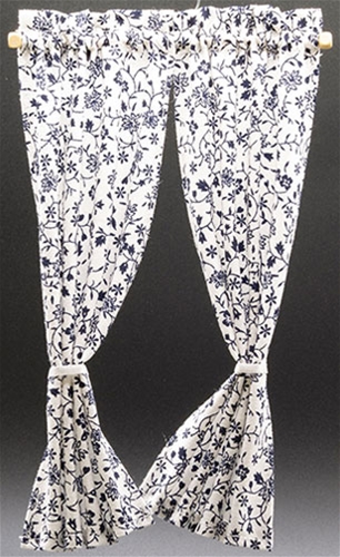 Tie Back Curtains: White with Blue Vine/Flower Design