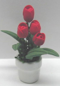 Dollhouse Miniature Red Tulips/White Pot 1 3/4 Dollhouse Miniature Red Tulips/White Pot 1 3/4
