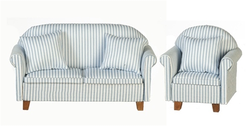 Sofa and Chair Set, Blue & White Stripe