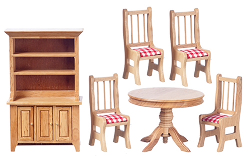 Dining Set, 6 pc., red check, Oak