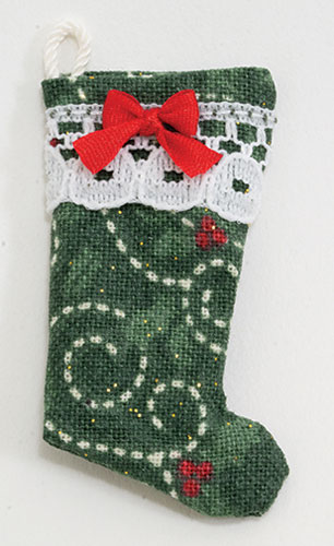Stocking, Green Christmas Hearts Pattern with Lace and Bow