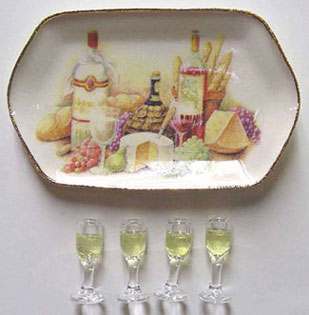 Dollhouse Miniature Ceramic Wine  & Cheese Tray