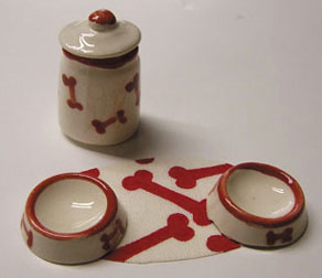 Dollhouse Miniature Pet Bowls, Canister & Mat, Red