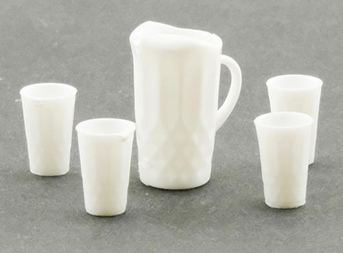 Dollhouse Miniature Pitcher W/4 Glasses, White