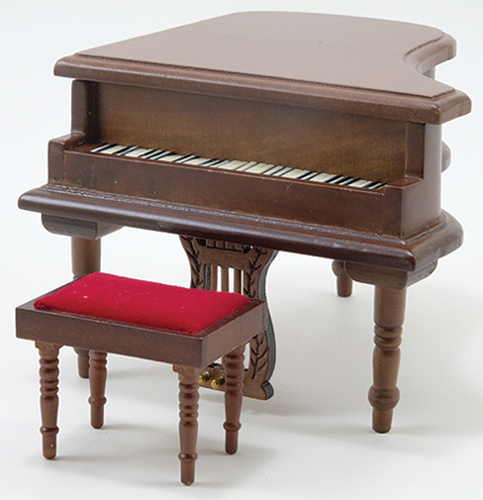 Dollhouse Miniature Baby Grand Piano with Stool, Walnut