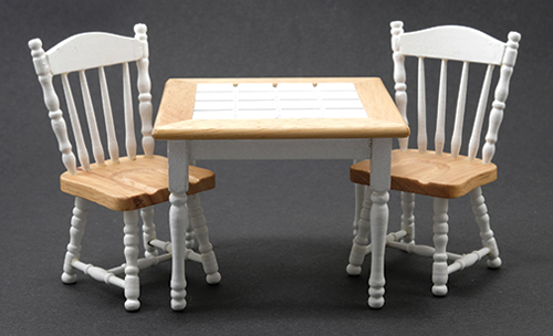 Dollhouse Miniature Oak/White Table with 2 Chairs
