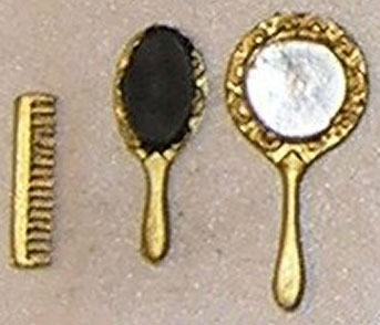 Dollhouse Miniature Mirror/Brush/Comb Set, Gold Color