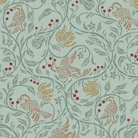 Dollhouse Miniature Wallpaper: Birds & Berries, Green Background